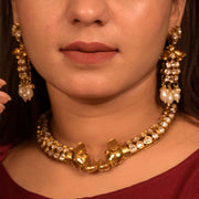 Gold-Toned Kundan & Pearl Necklace Set with Elephant Motif